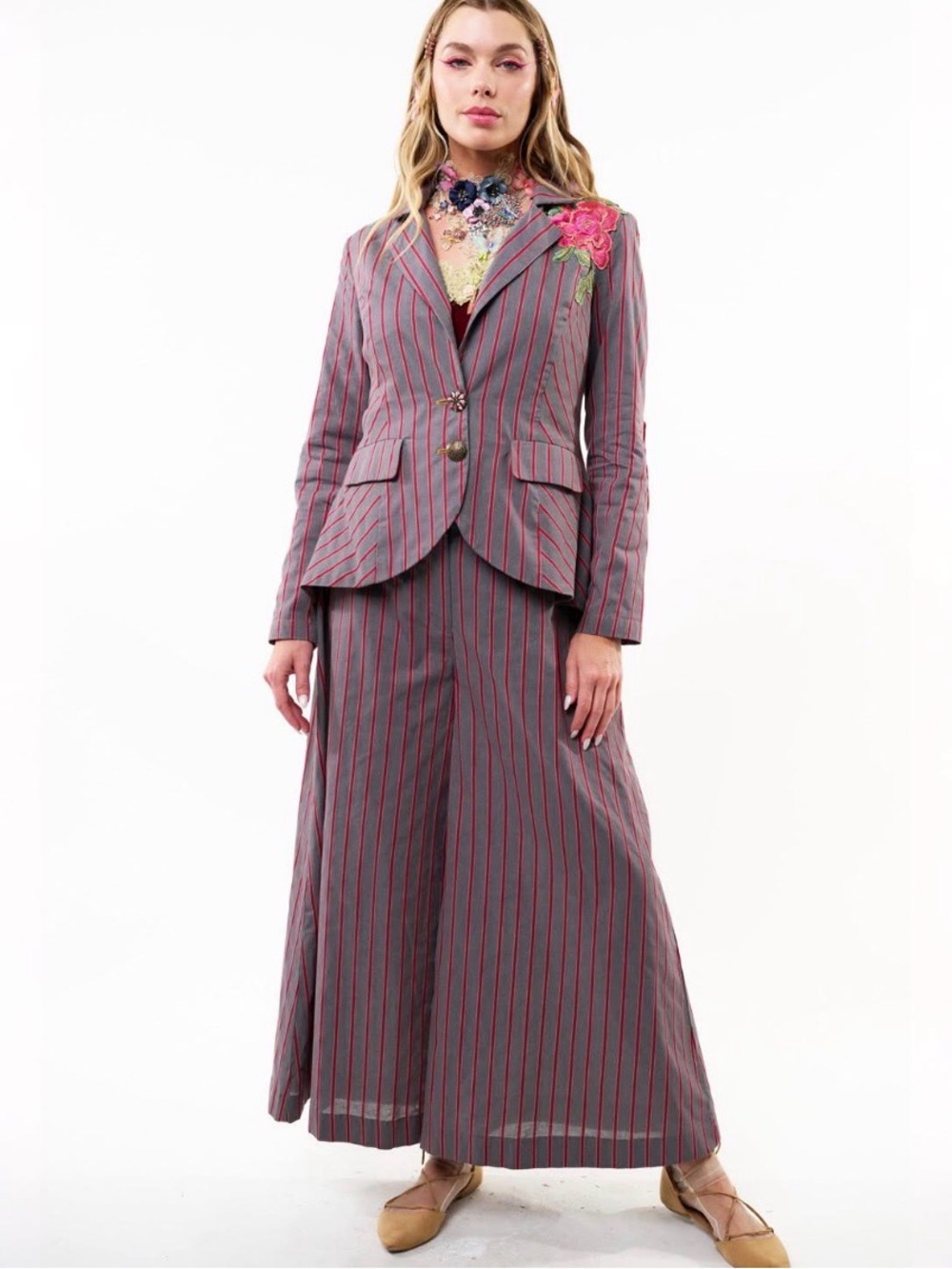 Aratta Pink & Gray Striped Wide-Leg Suit Pants